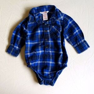 joe fresh blue cotton flannel collared bodysuit diaper shirt 6-12 months baby